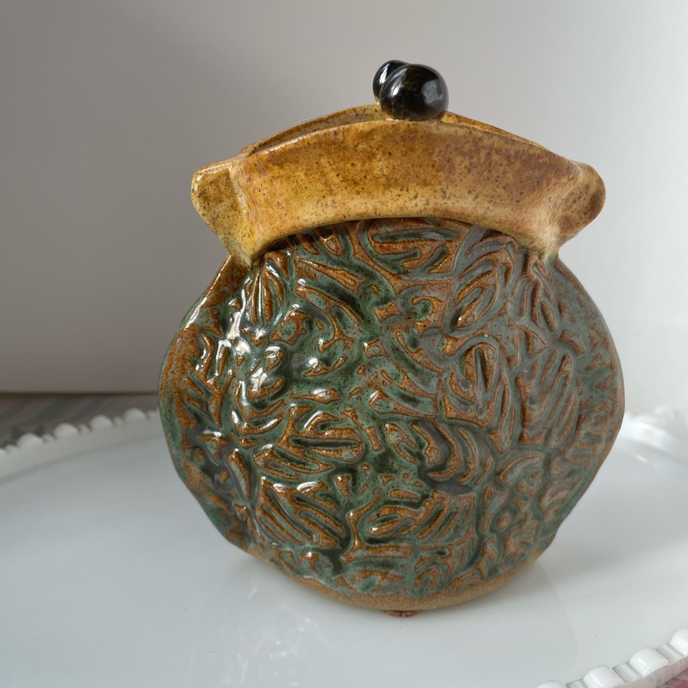 Handcrafted Stoneware Purse Vase with Green and Brown Glaze Signed by Artist - Picture 5 of 17
